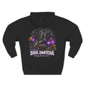 A black long-sleeve hoodie shown from the back, featuring a large graphic print of a grim reaper with skulls, purple energy effects, and the text 'SOUL SNATCHA' and 'Collecting Baskets & Souls'.