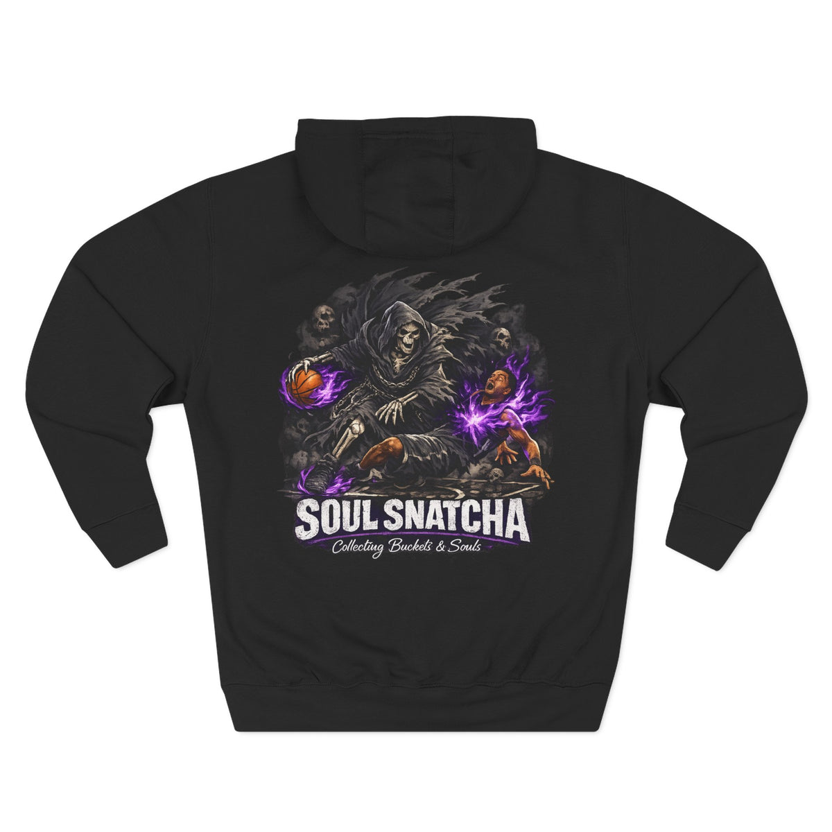 A black long-sleeve hoodie shown from the back, featuring a large graphic print of a grim reaper with skulls, purple energy effects, and the text 'SOUL SNATCHA' and 'Collecting Baskets & Souls'.