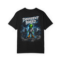 A black short-sleeve t-shirt with a large graphic print on the front. The graphic features a stylized green alien in a space suit standing in front of a dark city skyline under a dark blue sky, with the text 'DIFFRENT BREED' in a distressed white font at the top and 'STILL MAKING MOVIES' at the bottom.