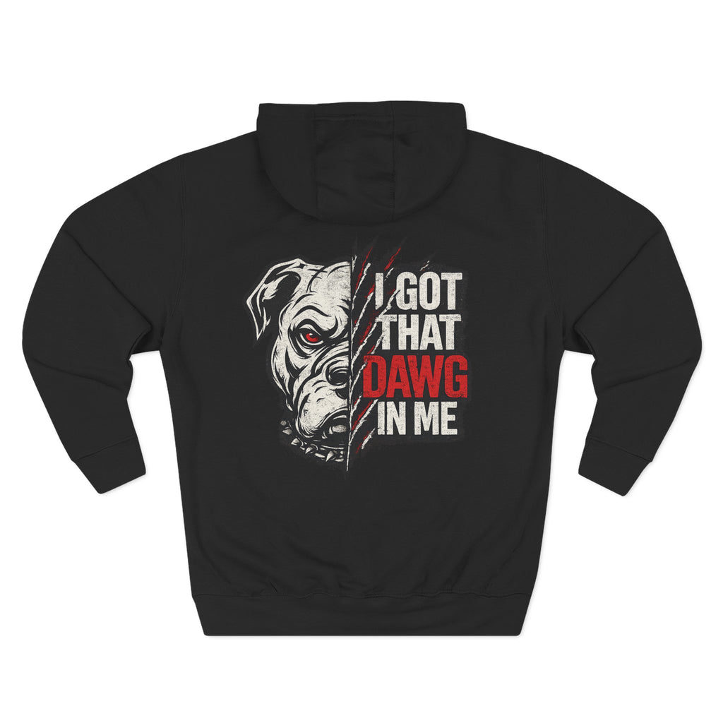 A black long-sleeve hoodie shown from the back, featuring a graphic print of a white pitbull-type dog with one red eye and the text 'I GOT THAT DAWG IN ME' in white and red.