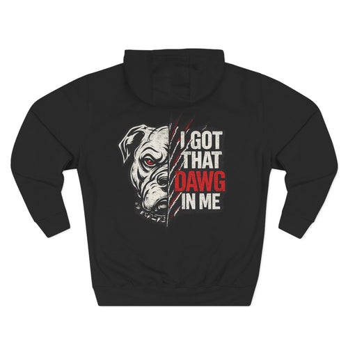 A black long-sleeve hoodie shown from the back, featuring a graphic print of a white pitbull-type dog with one red eye and the text 'I GOT THAT DAWG IN ME' in white and red.