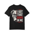 A black short-sleeve t-shirt with a graphic print on the front featuring a bulldog's face and the text 'I GOT THAT DAWG IN ME' in white and red lettering, displayed on a solid white background.
