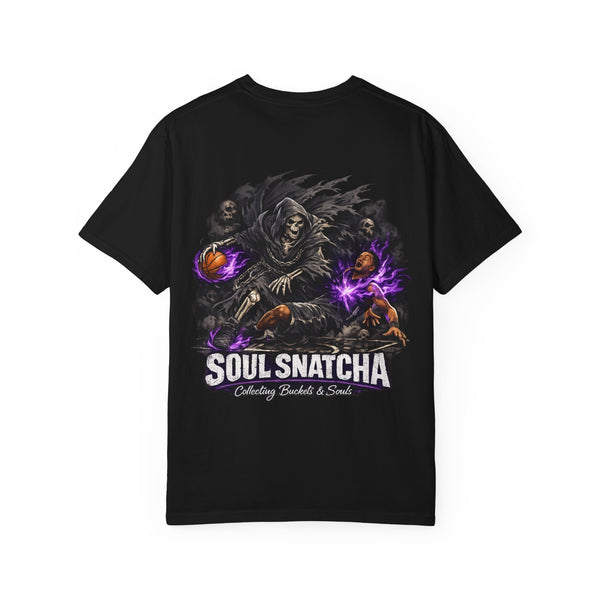 A black short-sleeve t-shirt with a large graphic print on the front featuring a grim reaper, basketballs, and purple energy effects, with the text 'SOUL SNATCHA' and 'Collecting Basketball & Souls.' below it, shown against a plain white background.