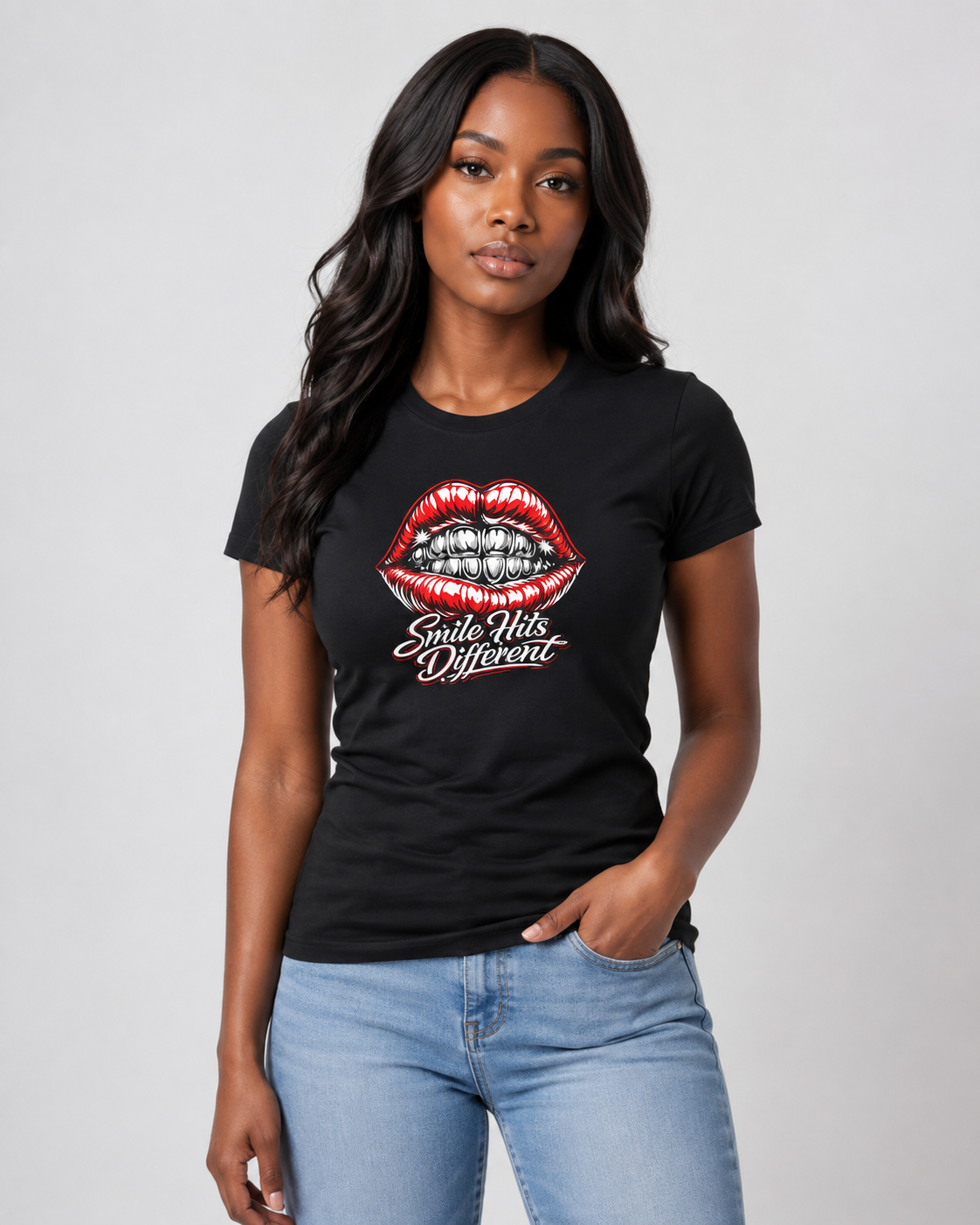 Lip Graphic Tee — “Smile Hits Different” Women's Casual Shirt